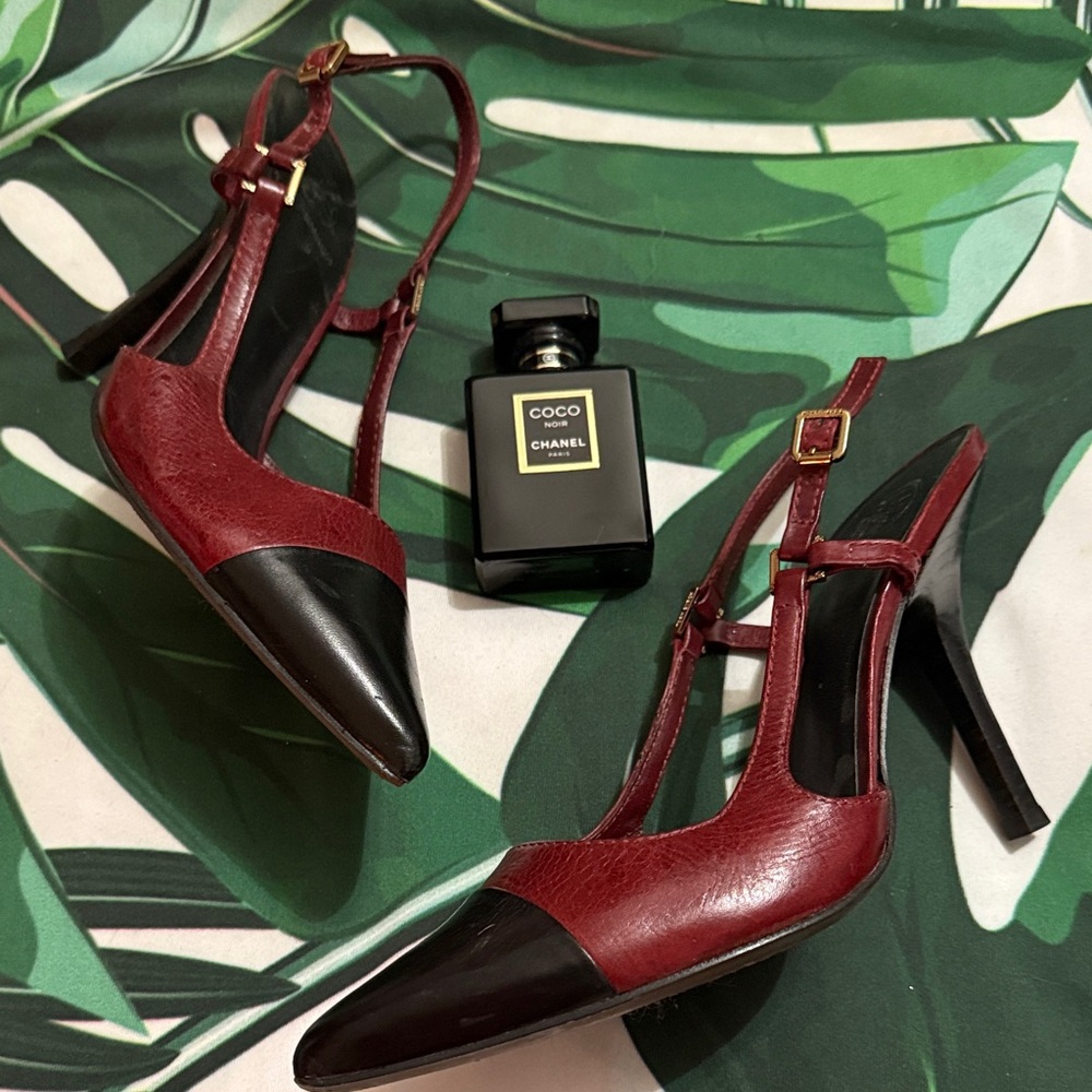 * Tory Burch Felicity leather slingback heels in burgundy and black